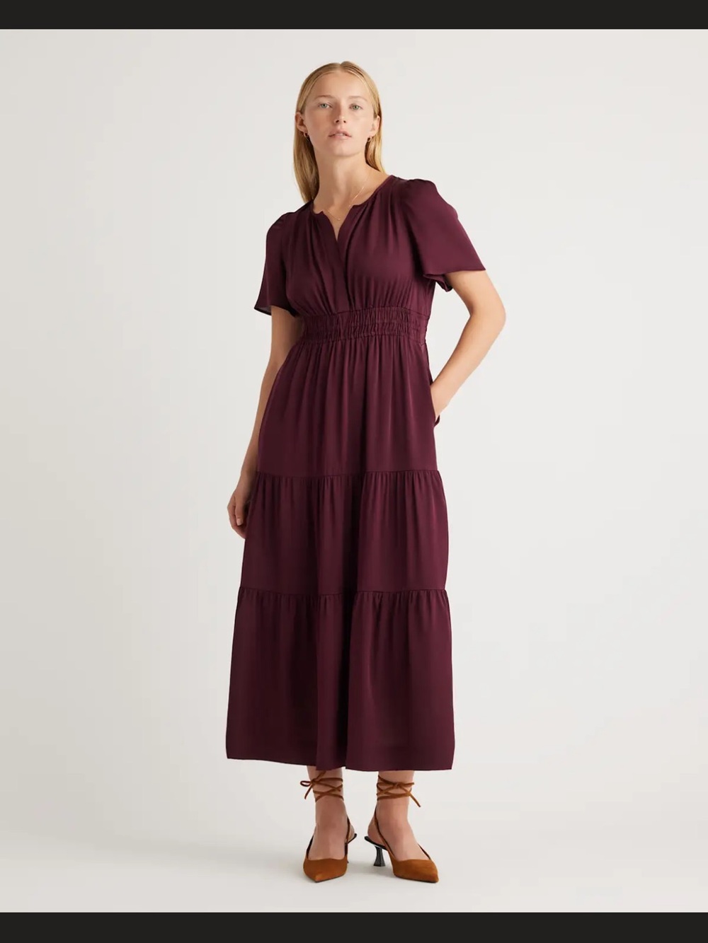 Quince Women's stretch silk Smocked Waist Maxi Dress in wine tasting red